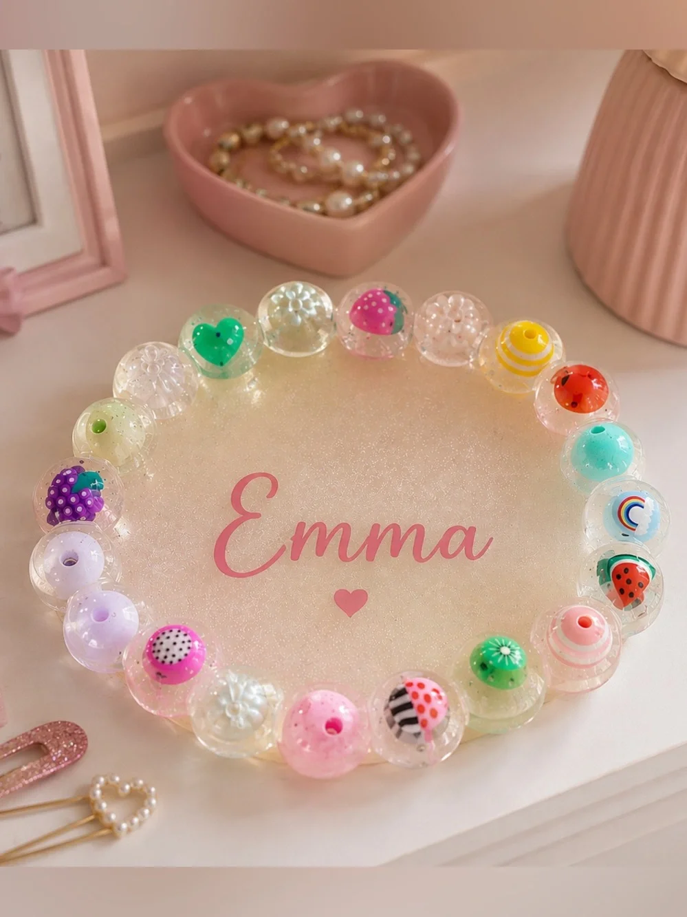 Personalized Glitter Pink Kids Name Bracelet - Pink Bead Accent